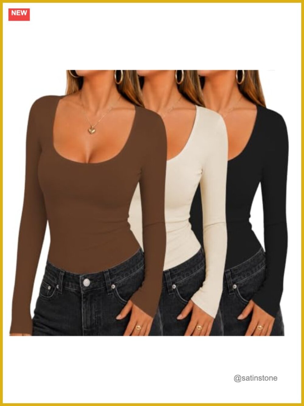 3 Pack Women's Long Sleeve Shirts Basic Scoop Neck Slim Fitted Tops